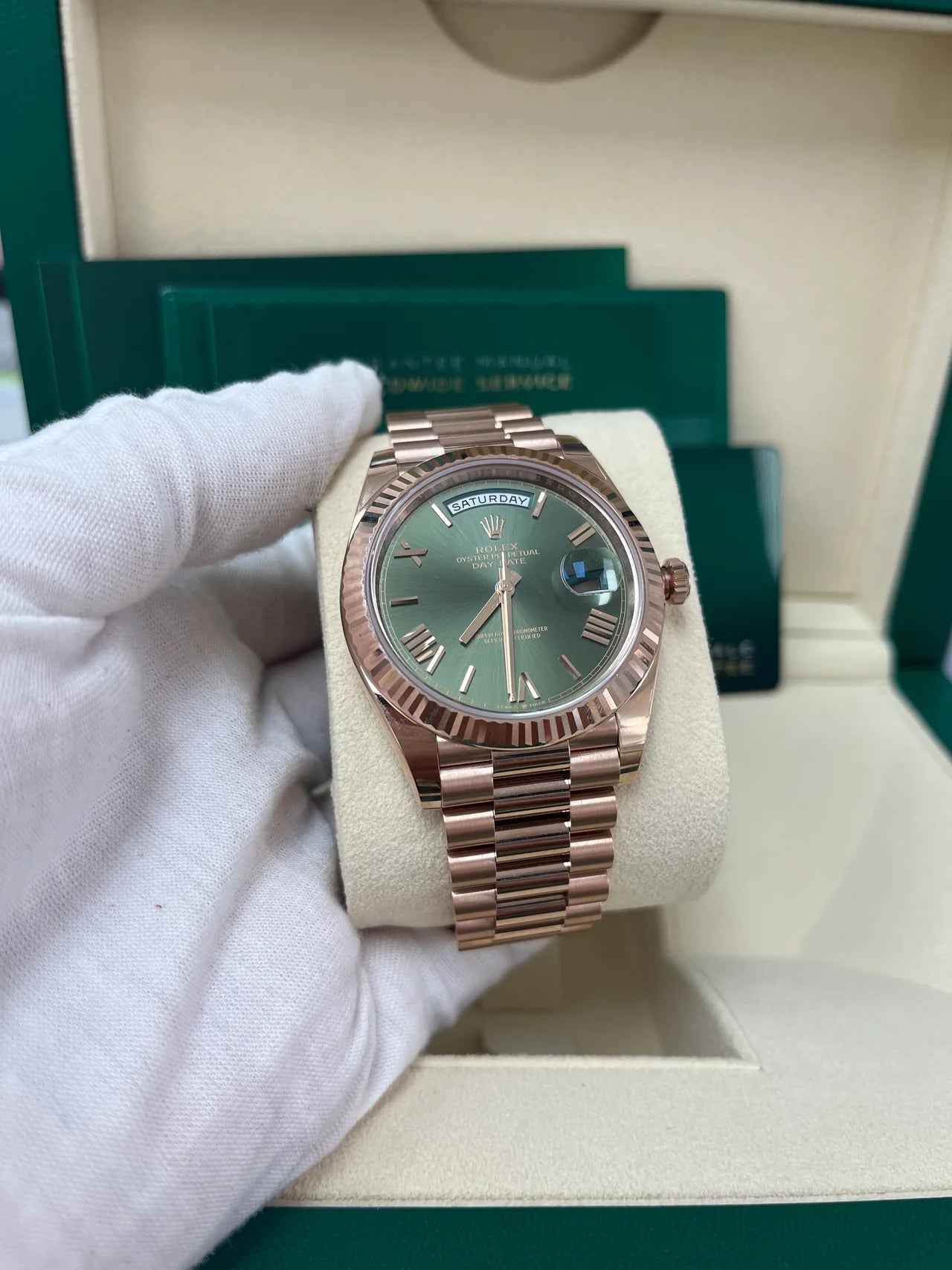 Daydate 40 mm Oro Rosè Quad. Verde